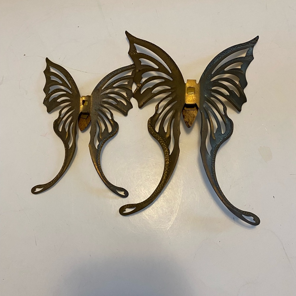 Vtg Brass Butterflies Home Interiors  Gold & Wood Wall Decor set of 2